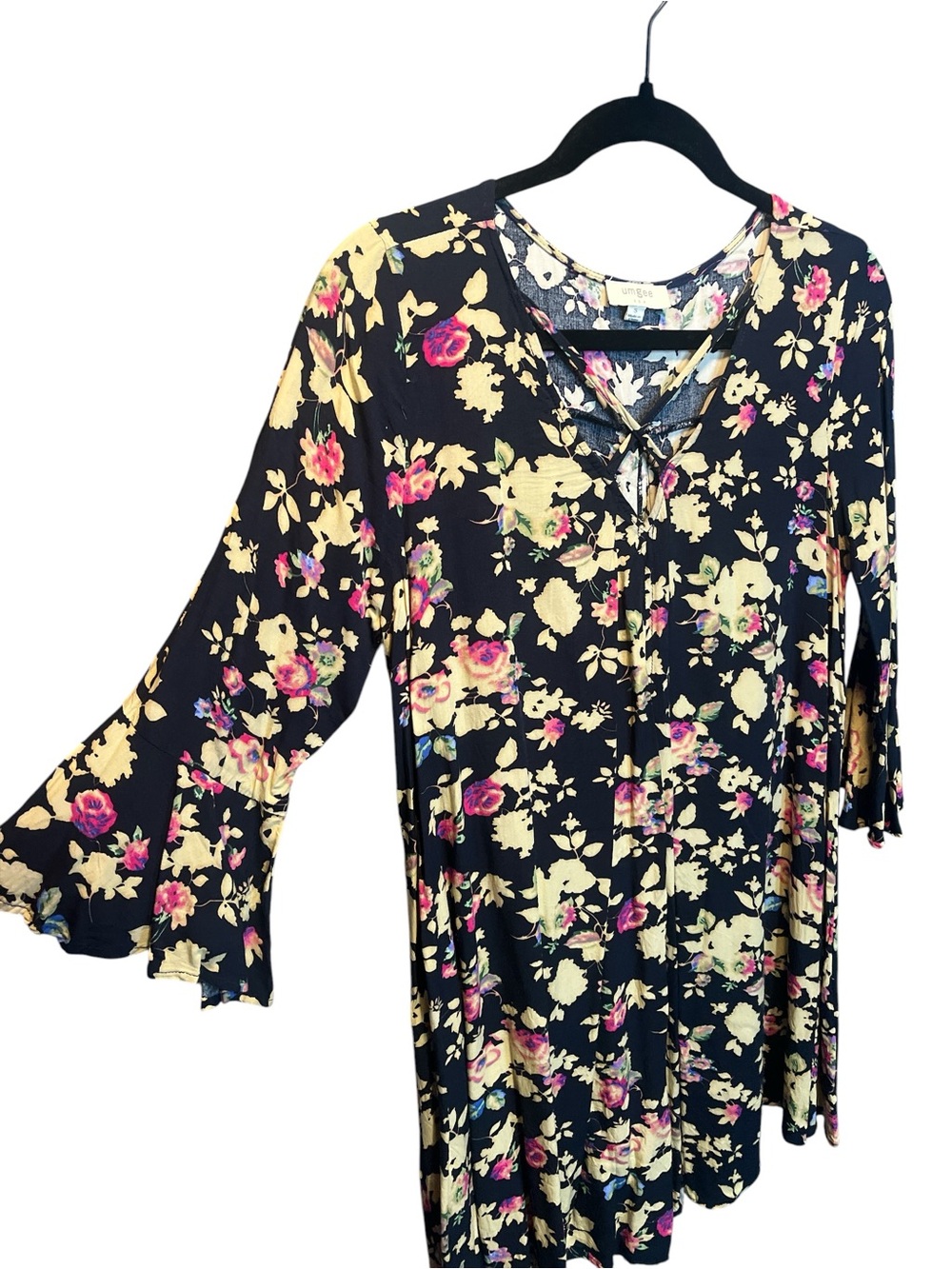 Umgee Black Floral Lace-Up Tunic with Yellow & Pink Accents (001)